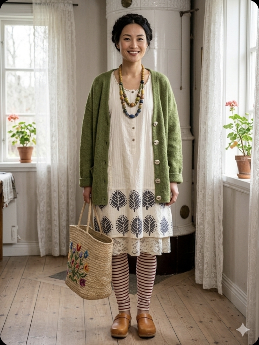 Gudrun Sjödén Block Print Tunic Dress L Cream Cotton Embroidered Boho Lagenlook